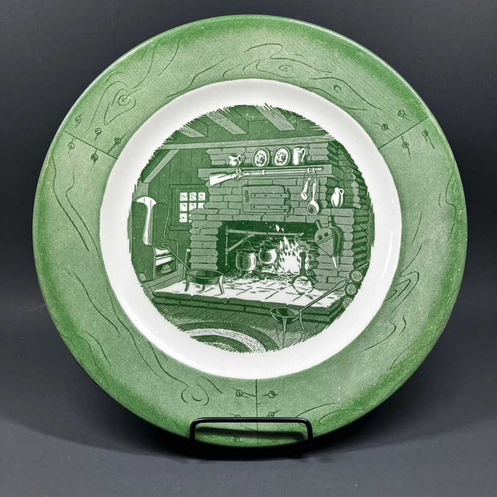 Royal Dinner Plate Colonial Homestead 10 inch Green Vintage Fireplace Scene